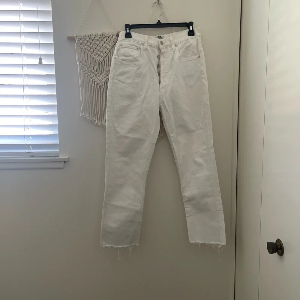 Agolde Riley High Rise Button Fly Raw Hem White Jeans - Picture 2 of 11